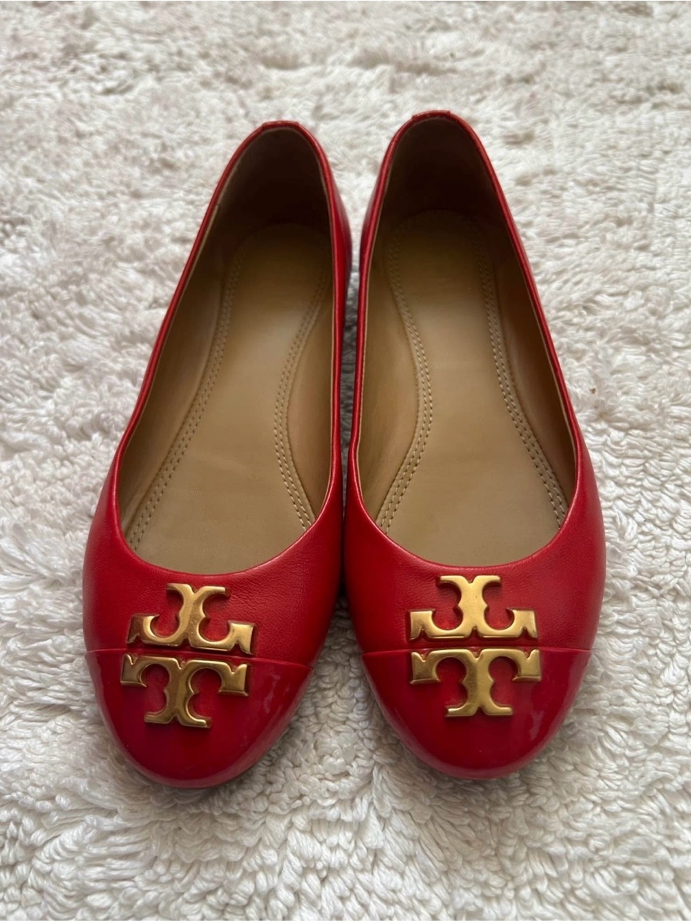 Tory Burch Red Leather Logo Ballet Flats with Gold Emblem